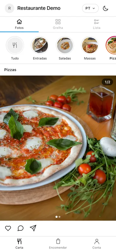 A fotografia grande de uma pizza, com as categorias da carta por cima.