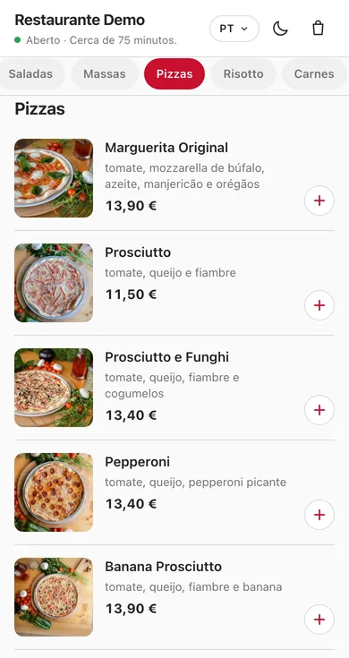 A carta de pizzas, cada uma com a sua fotografia, o preço e o botão para juntar ao pedido.